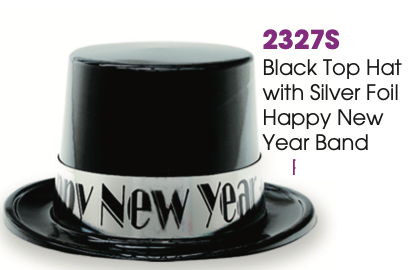 Plastic Black Top Hat with Silver “Happy New Year” Band | New Year’s Party Hat