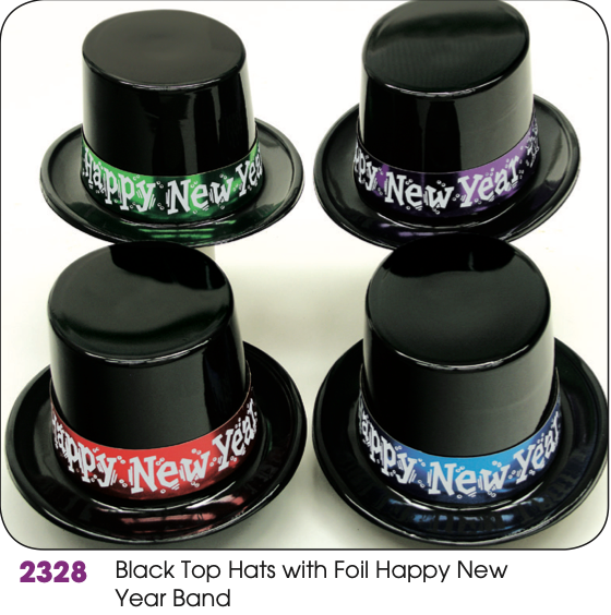 Plastic Black Top Hat with Multi-Color “Happy New Year” Band | New Year’s Party Hat