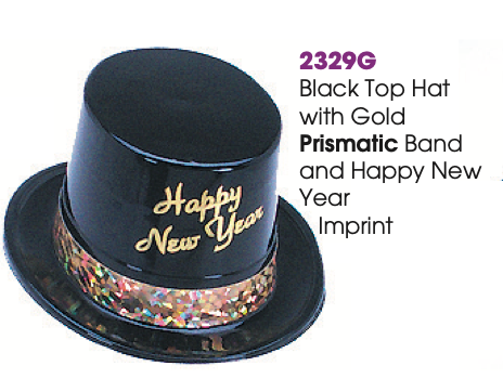 Plastic Black Top Hat with Gold “Happy New Year” Print & Gold Prismatic Band | New Year’s Party Hat