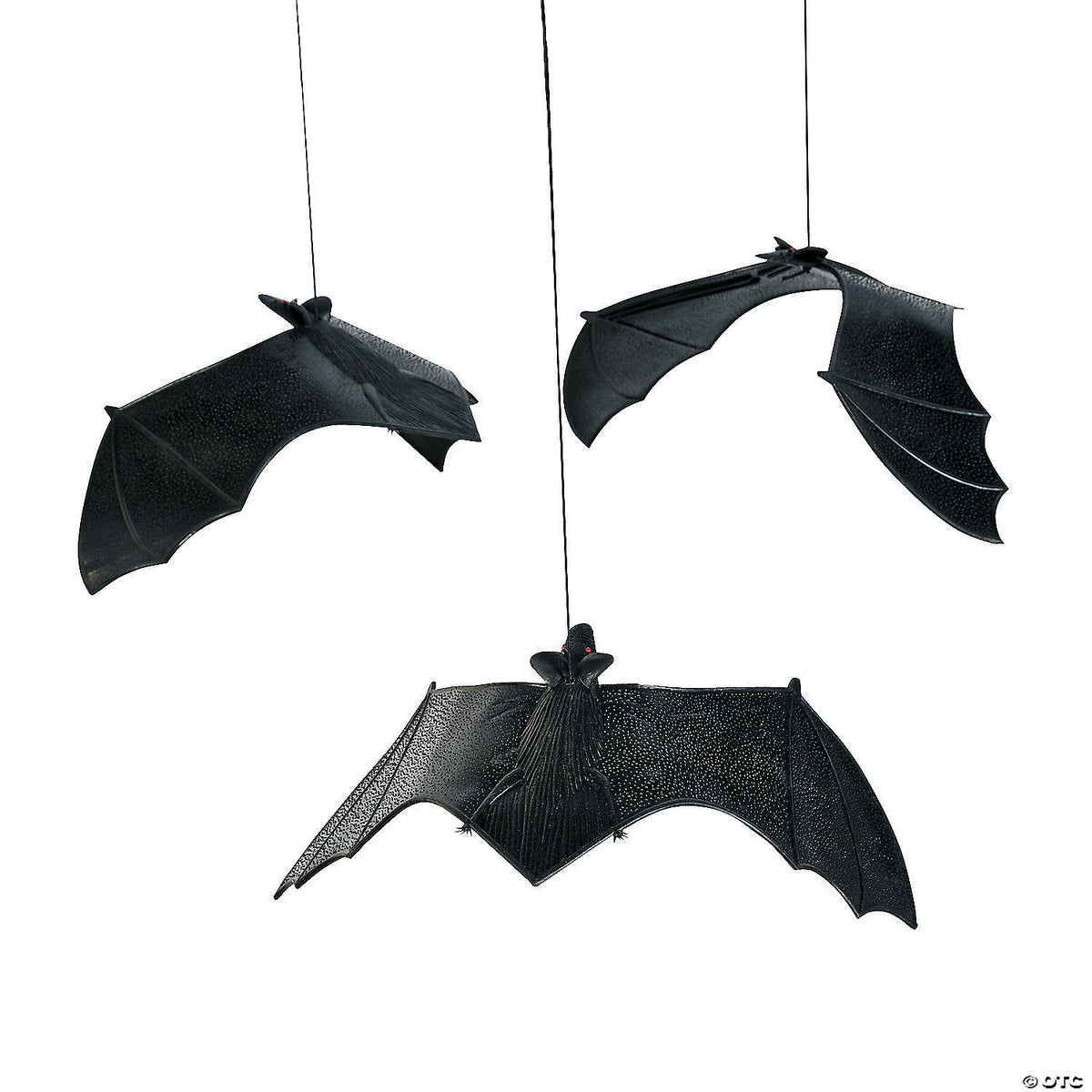 Hanging Bats Halloween Decorations Each is on an elastic string with suction cup, 6 1/2" x 13”.