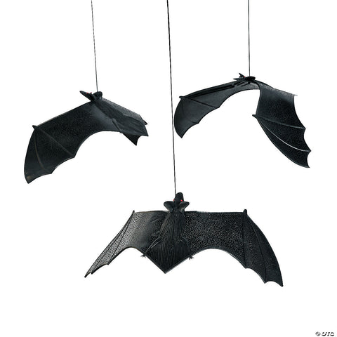 Hanging Bats Halloween Decorations Each is on an elastic string with suction cup, 6 1/2" x 13”.