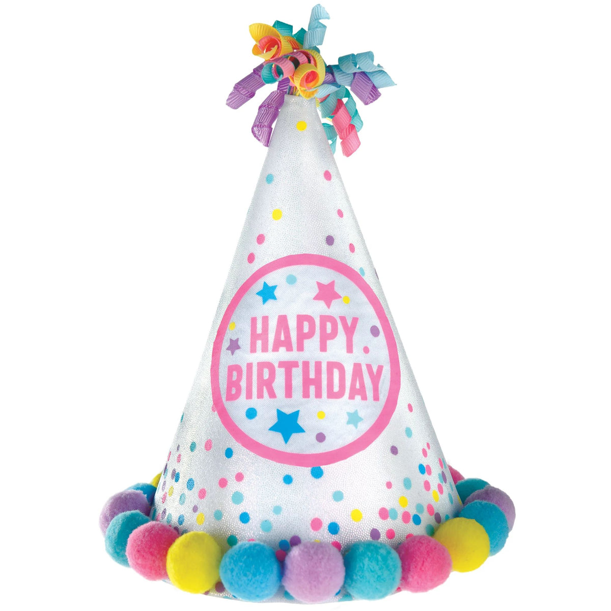 Pastel Party Pom Pom  Birthday 9"  Cone Hat