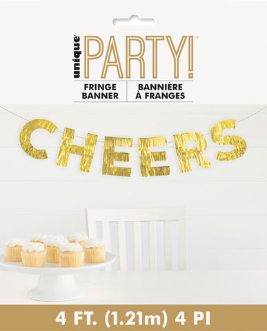 Modern Christmas “Cheers” Gold Foil Fringe Banner 4ft | Holiday Party Decor