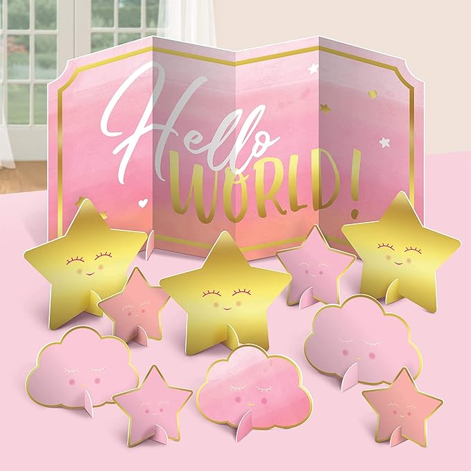 "Hello World" Girl Baby Shower Table Centerpiece Decoration Kit – 11-Piece Set | Pink Floral Party Decor for Baby Showers & Gender Reveal