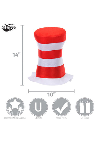 Dr. Seuss Cat in the Hat felt stovepipe hat laid flat showing full height of crown and brim width