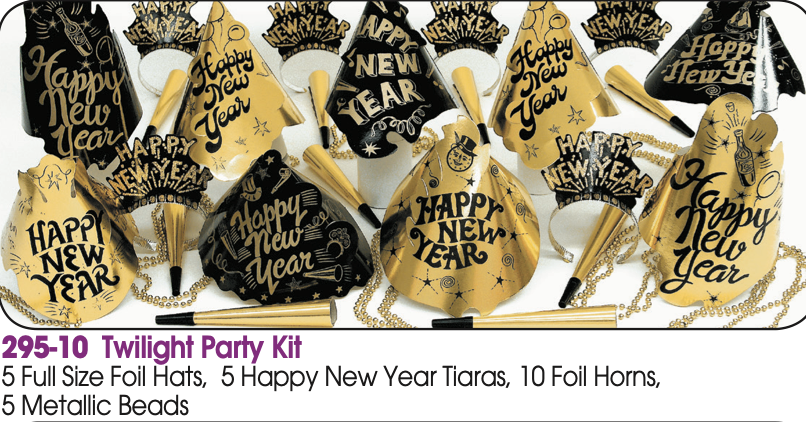 Twilight New Year’s Eve Party Kit for 10 – Gold and Black Hats, Tiaras, Foil Horns & Beads