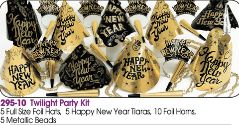 Twilight New Year’s Eve Party Kit for 10 – Gold and Black Hats, Tiaras, Foil Horns & Beads