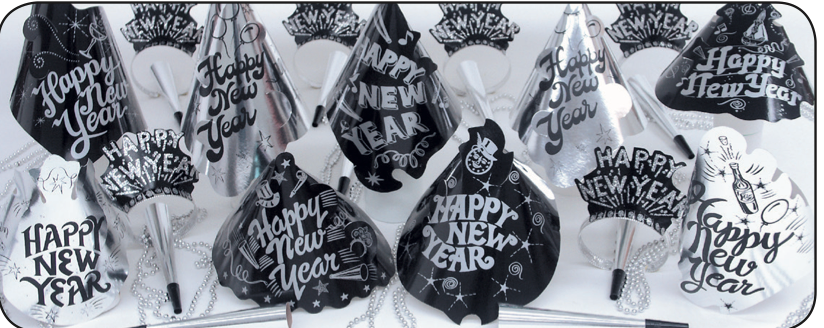 Starlight New Year’s Eve Party Kit for 10 – Silver and Black Hats, Tiaras, Foil Horns & Beads