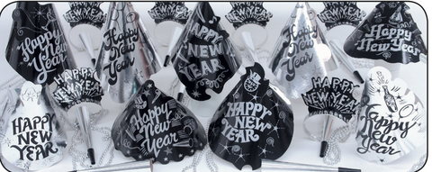 Starlight New Year’s Eve Party Kit for 10 – Silver and Black Hats, Tiaras, Foil Horns & Beads