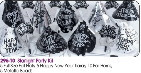 Starlight New Year’s Eve Party Kit for 10 – Silver and Black Hats, Tiaras, Foil Horns & Beads