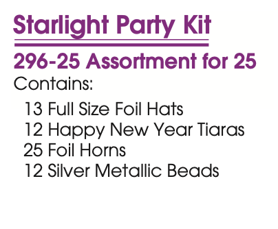 Starlight New Year’s Eve Party Kit for 25– Silver and Black Hats, Tiaras, Foil Horns & Beads