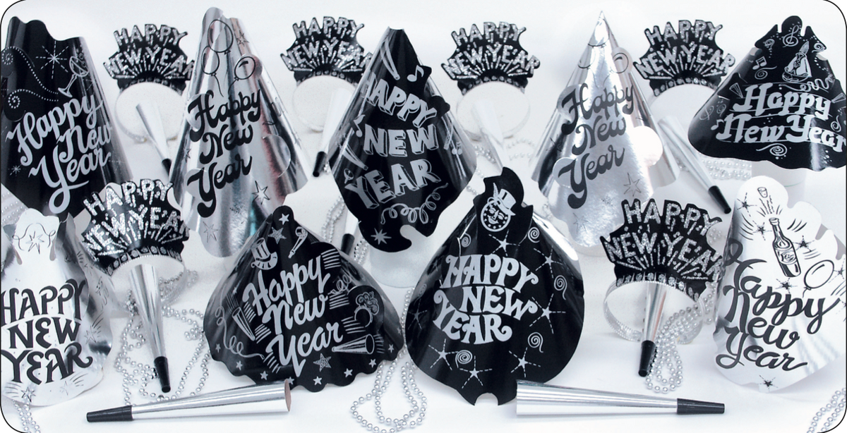 Starlight New Year’s Eve Party Kit for 25– Silver and Black Hats, Tiaras, Foil Horns & Beads