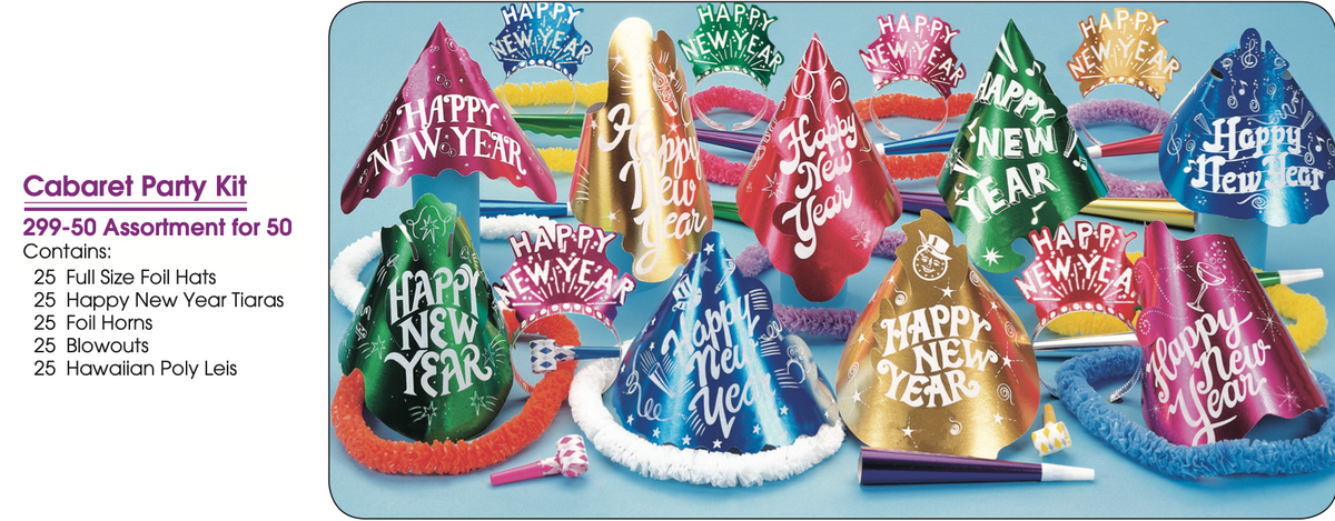 Cabaret New Year’s Eve Party Assortment for 50 – 25 Hats, 25 Glitter Tiaras, 25 Foil Horns, 25 Party Blowouts & 25 Poly Leis