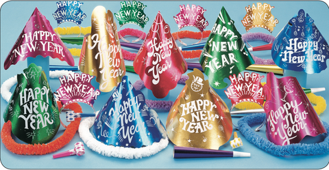 Cabaret New Year’s Eve Party Assortment for 50 – 25 Hats, 25 Glitter Tiaras, 25 Foil Horns, 25 Party Blowouts & 25 Poly Leis