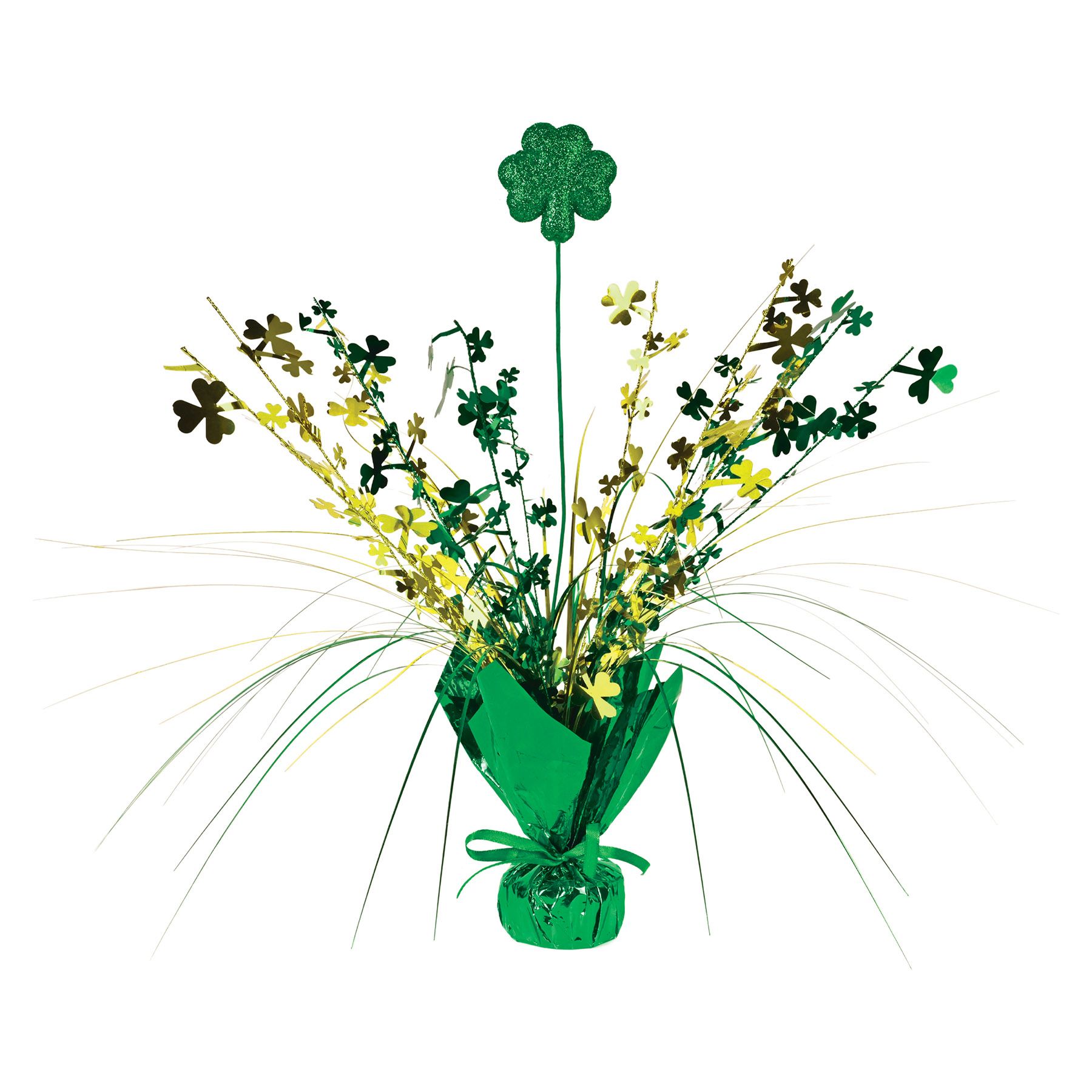 Metallic shamrock centerpiece showing gleam spray design and festive green accents