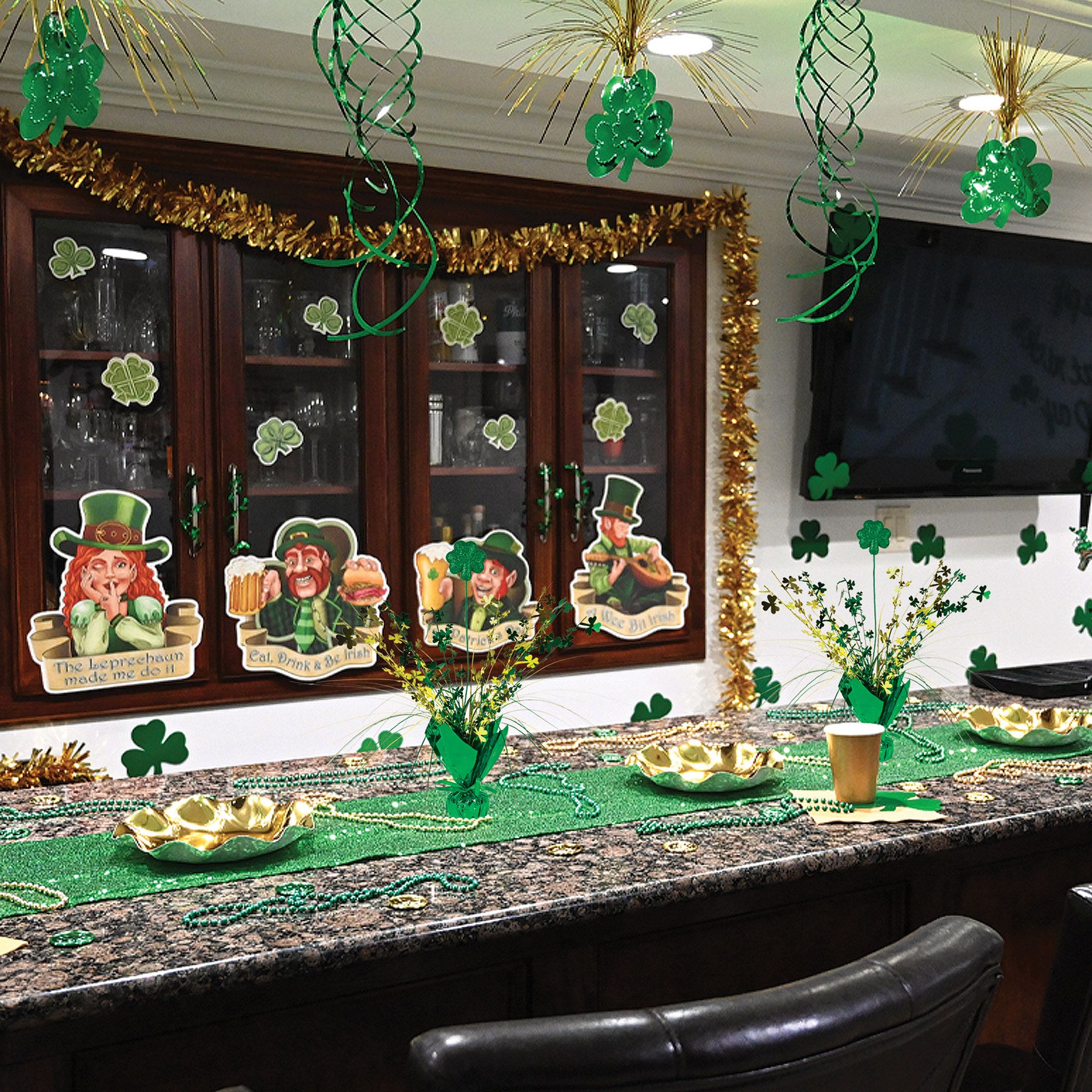 Shamrock Gleam N Spray Centerpiece 15 inch metallic St Patricks Day decoration part of a st Patricks day party set up in Manahawkin NJ