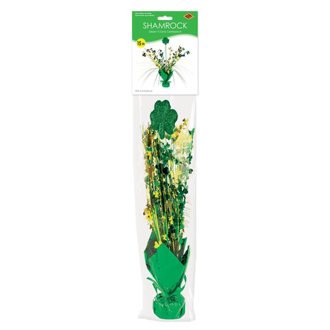 Shamrock centerpiece packaging showing 15 inch decoration for St Patricks Day