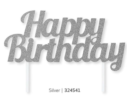 Happy Birthday Silver Glitter Cake Topper