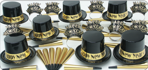 Gold Eclipse New Year’s Eve Party Kit for 50 – Gold and Black Hats, Tiaras & Foil Horns