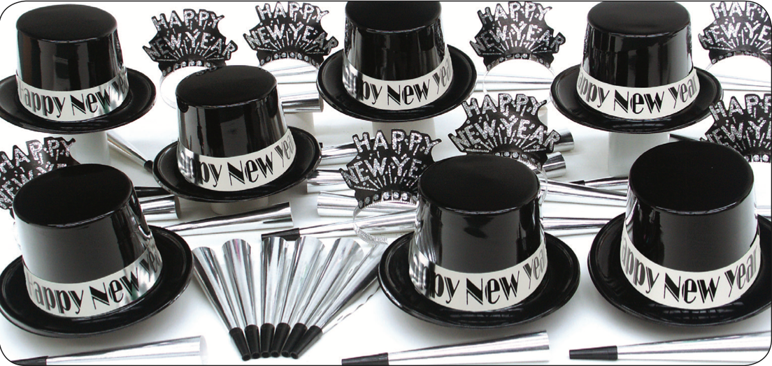 Silver Eclipse New Year’s Eve Party Kit for 50 – Silver and Black Hats, Tiaras & Foil Horns