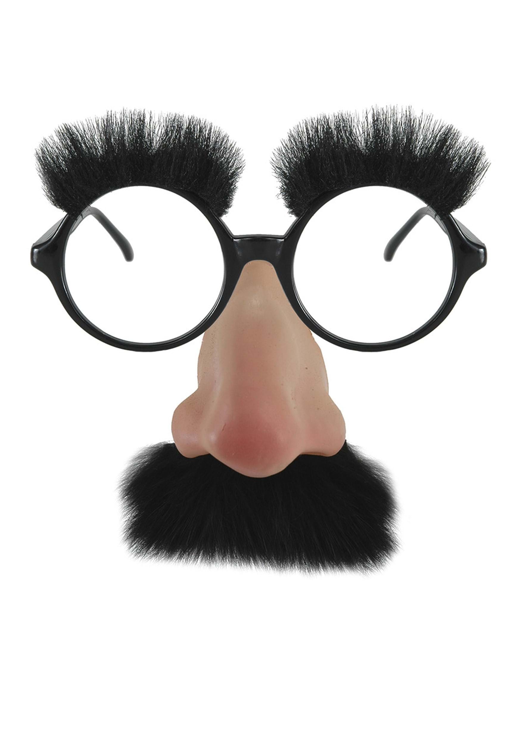 Close-up of lensless round black plastic frames with attached latex nose, faux fur mustache, and eyebrows