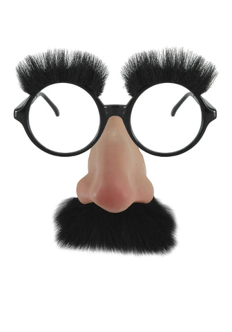 Close-up of lensless round black plastic frames with attached latex nose, faux fur mustache, and eyebrows