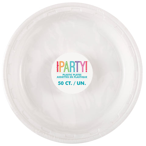 Bright White Solid Round Plastic Dinner Plates – 10.25 Inch, 50 Count