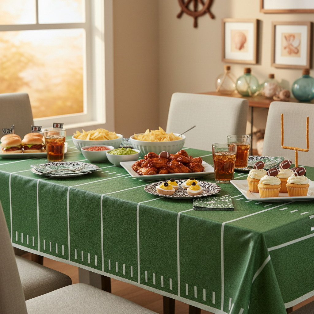 Dining table set with this football field plastic tablecloth with food, and drinks in a cozy room can be found at Party Fair in Manahawkin NJ