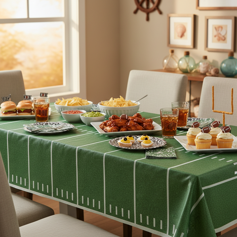 Dining table set with this football field plastic tablecloth with food, and drinks in a cozy room can be found at Party Fair in Manahawkin NJ