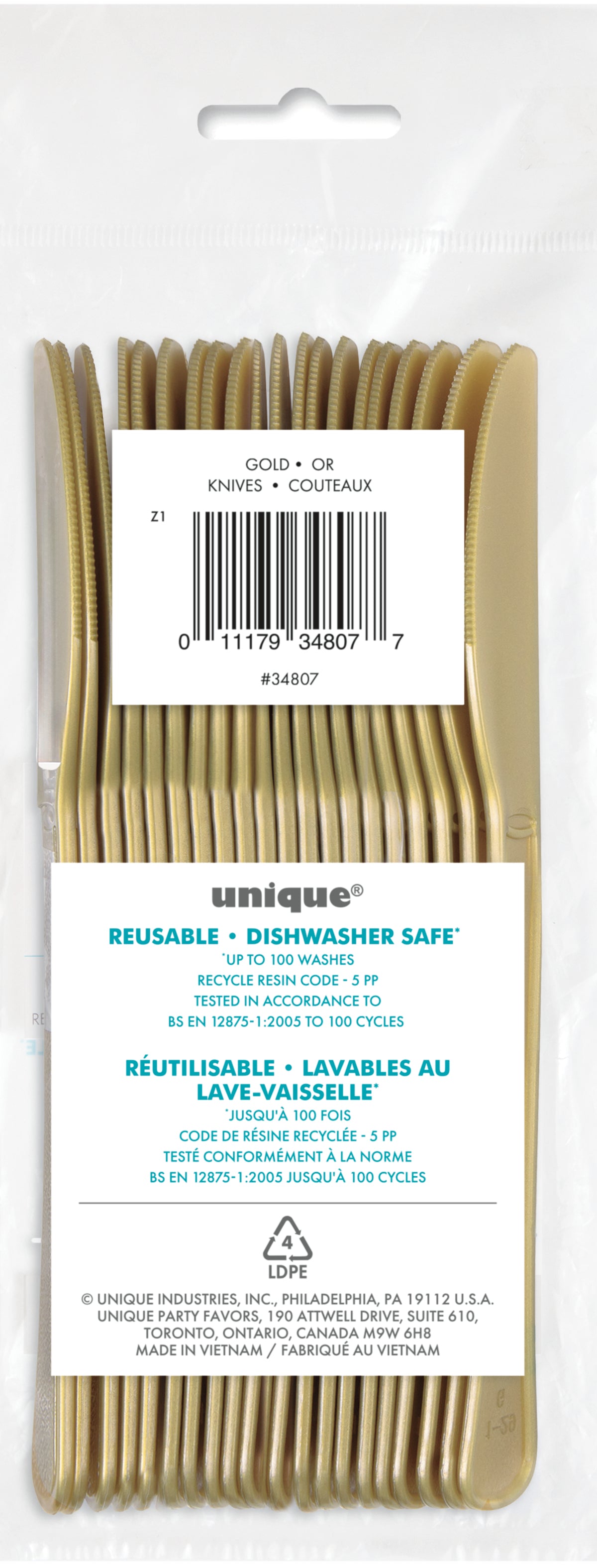 Retail packaging of Gold Premium Plastic Knives 20 count reusable disposable cutlery