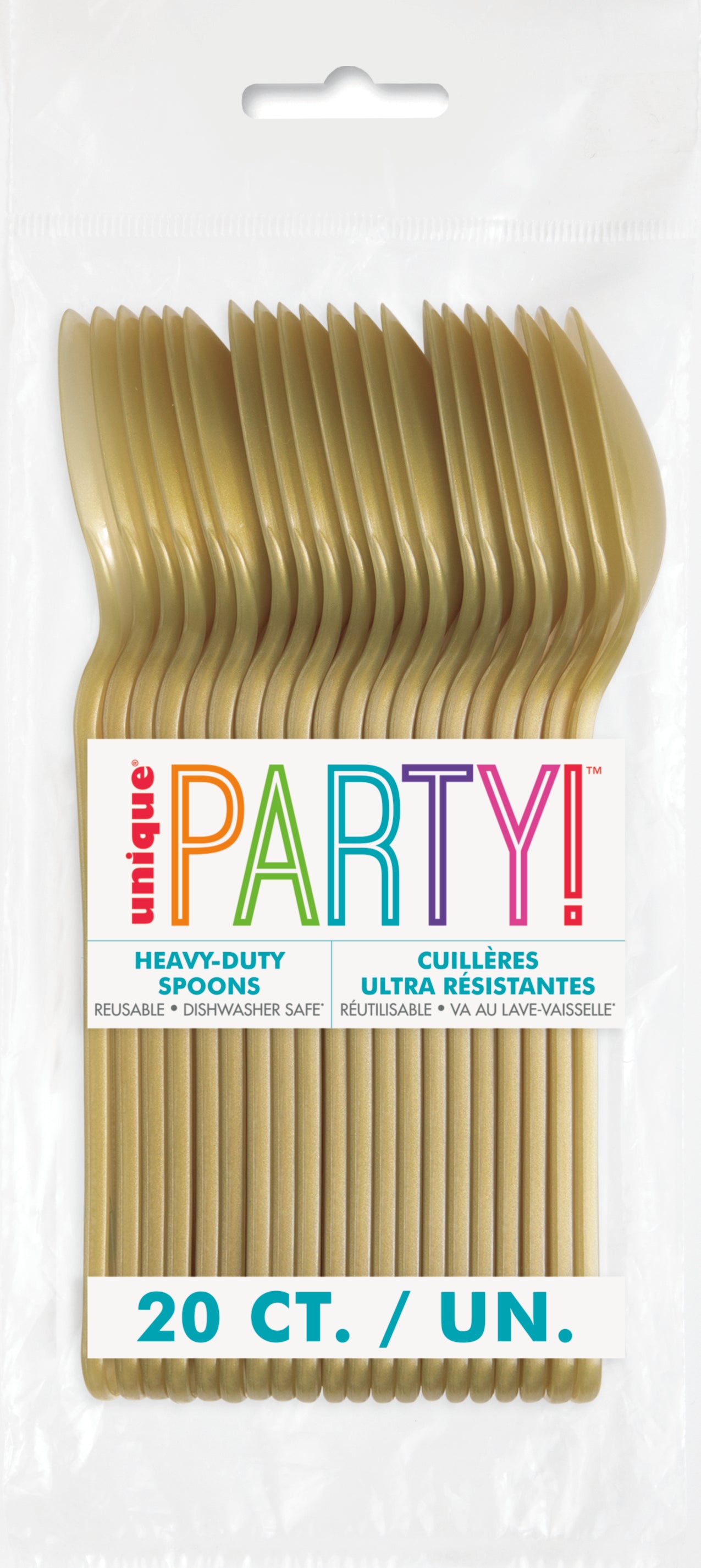 Retail packaging of Gold Premium Plastic Spoons 20 count reusable disposable cutlery