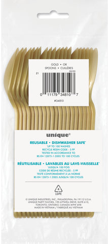 Retail packaging  back view of Gold Premium Plastic Spoons 20 count reusable disposable cutlery