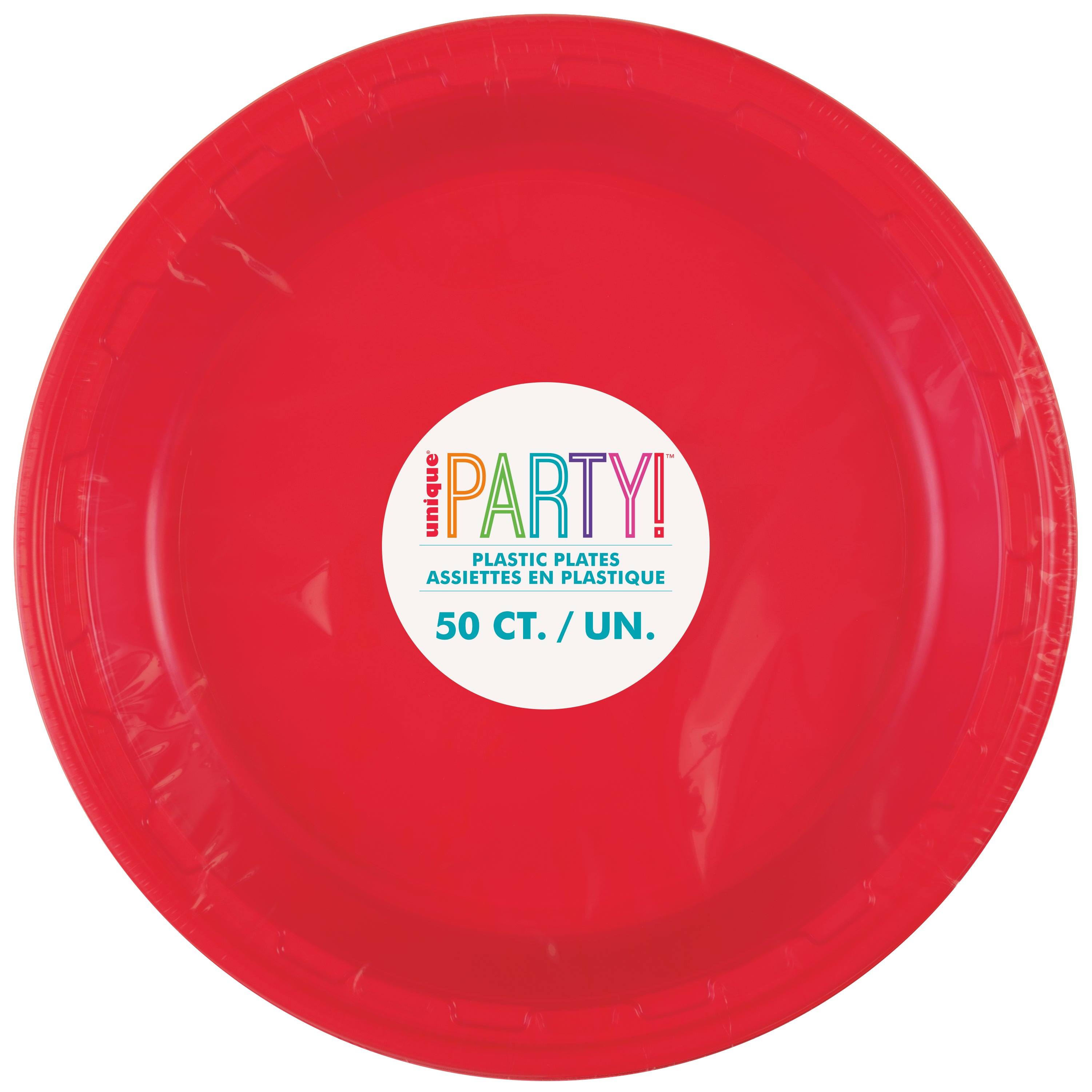 Retail packaging of Ruby Red Solid Round 10 inch Plastic Dinner Plates 50 count disposable plates