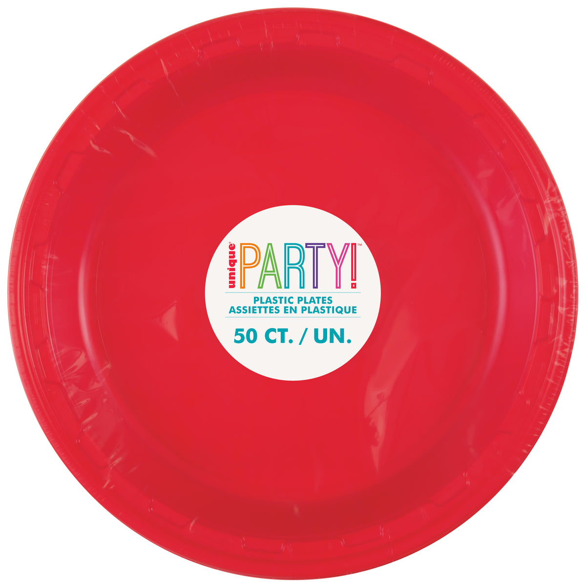Retail packaging of Ruby Red Solid Round 10 inch Plastic Dinner Plates 50 count disposable plates