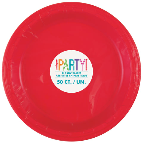 Retail packaging of Ruby Red Solid Round 10 inch Plastic Dinner Plates 50 count disposable plates