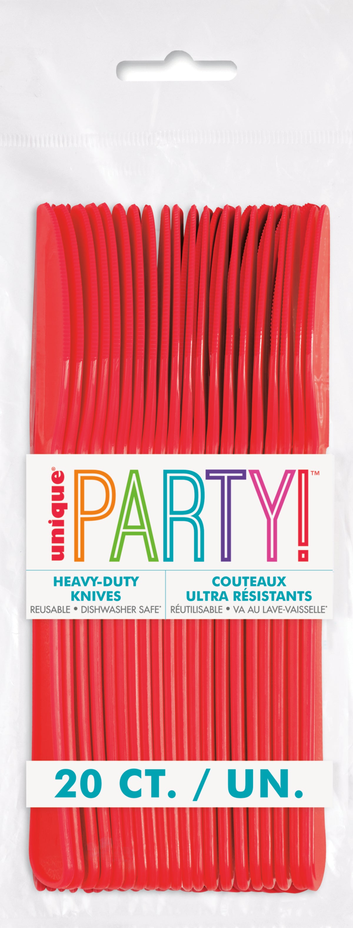 Retail packaging of Red Premium Plastic Knives 20 count reusable disposable cutlery