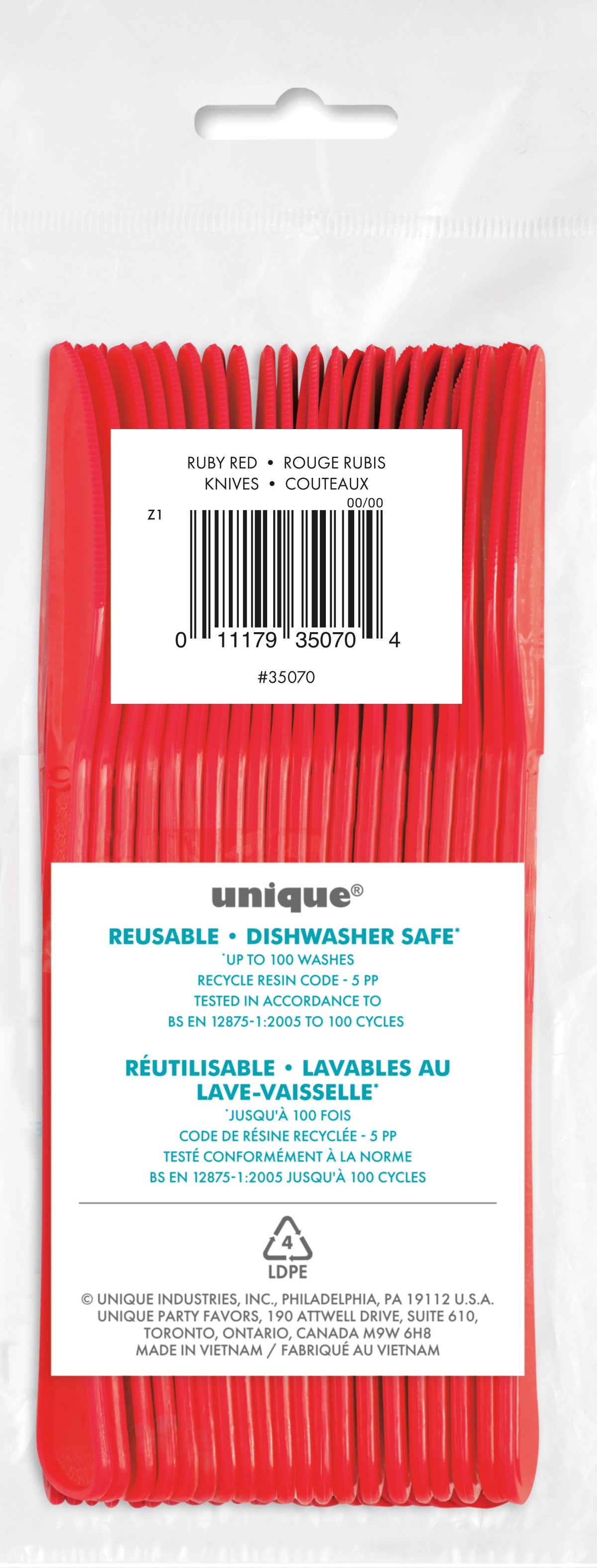 Retail packaging back image of Red Premium Plastic Knives 20 count reusable disposable cutlery