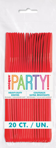 Retail packaging of Red Premium Plastic Knives 20 count reusable disposable cutlery