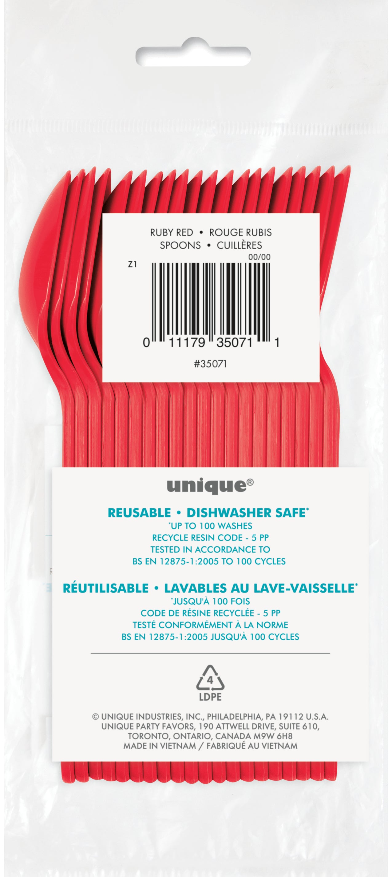 Retail packaging rear view of Red Premium Plastic Spoons 20 count reusable disposable cutlery