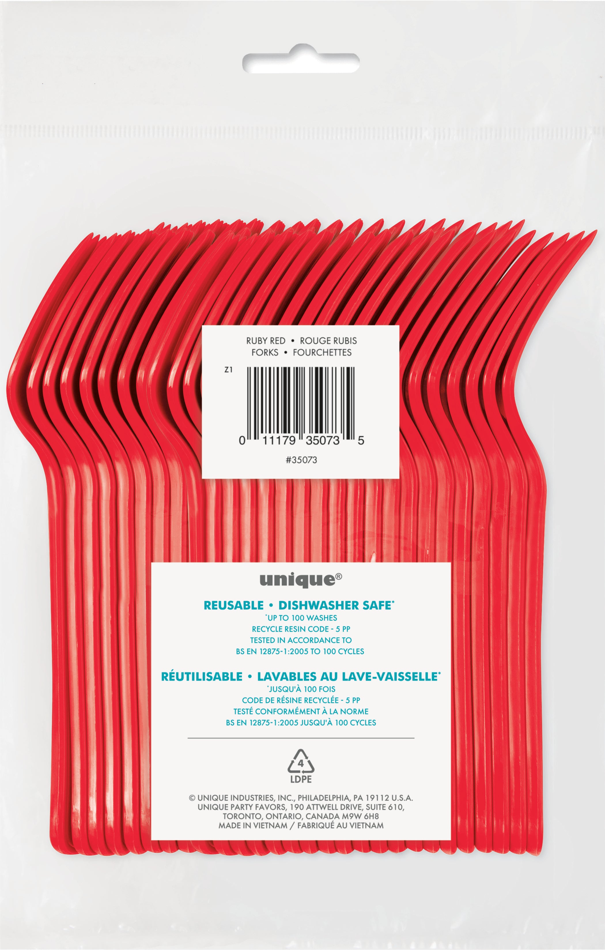 Retail packaging of Ruby Red Solid Premium Plastic Forks 50ct reusable dishwasher safe cutlery