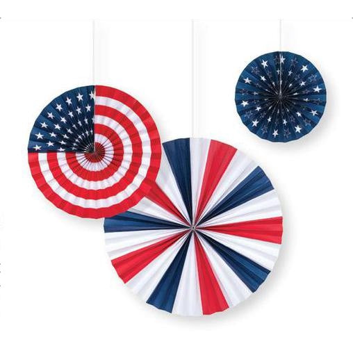 Patriotic Paper Decorating Fans 3ct , 1-16", 1-12", 1-8"