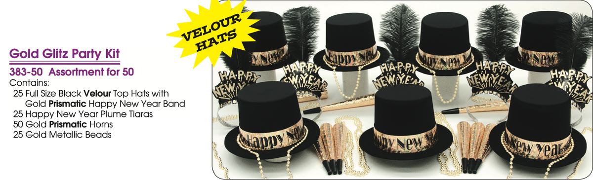 Gold Glitz New Year’s Eve Party Kit for 50 – Velour Top Hats, Plume Tiaras, Prismatic Horns & Metallic Beads