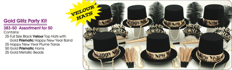 Gold Glitz New Year’s Eve Party Kit for 50 – Velour Top Hats, Plume Tiaras, Prismatic Horns & Metallic Beads