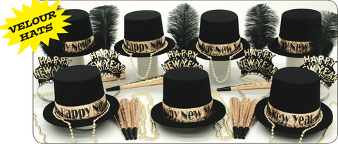 Gold Glitz New Year’s Eve Party Kit for 50 – Velour Top Hats, Plume Tiaras, Prismatic Horns & Metallic Beads
