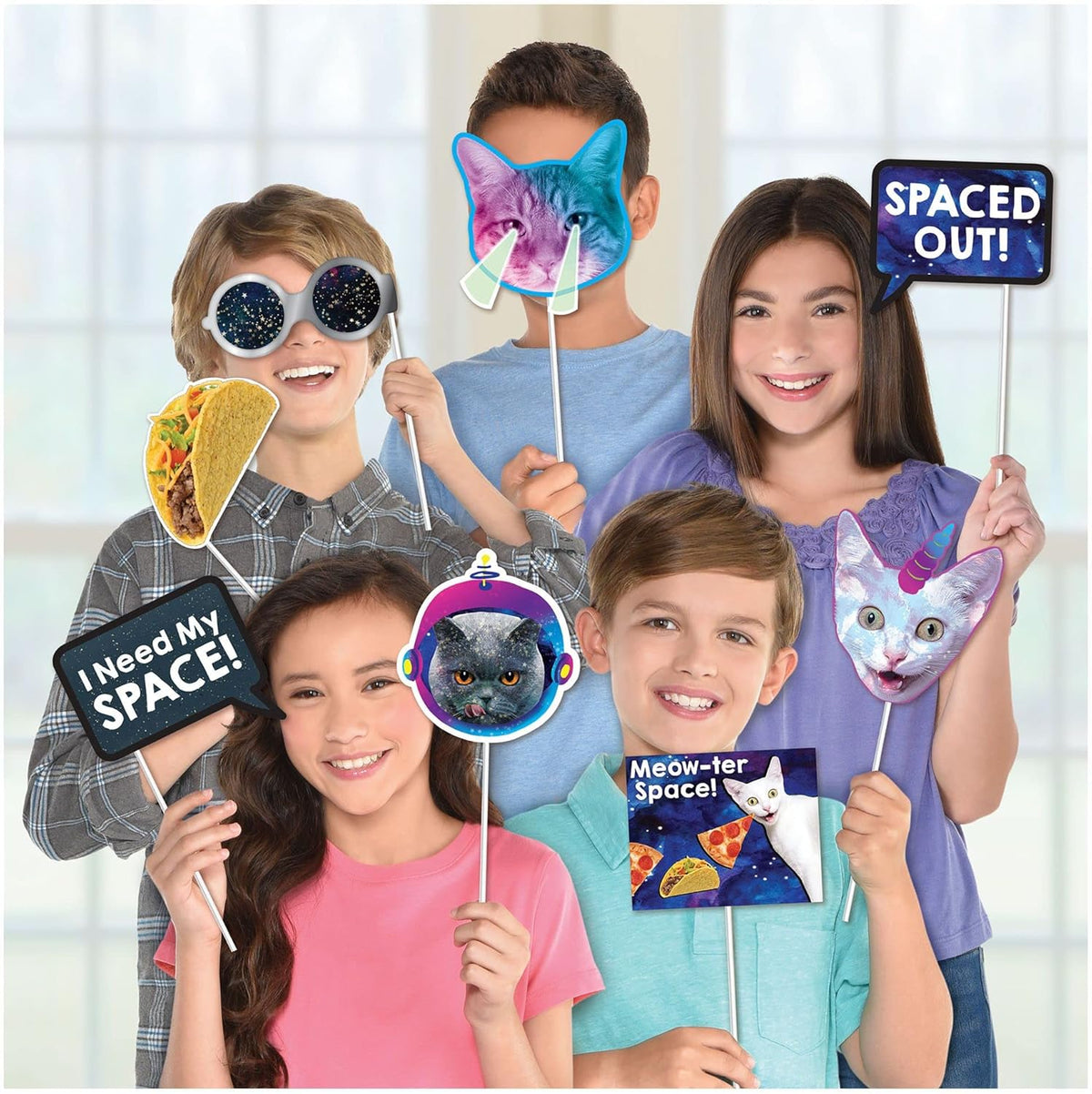 Space Cat Birthday Photo Props – 13-Piece Set with Assorted Witty Sayings for Fun & Unique Party Photo Booths