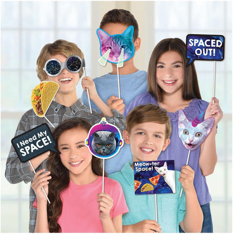 Space Cat Birthday Photo Props – 13-Piece Set with Assorted Witty Sayings for Fun & Unique Party Photo Booths