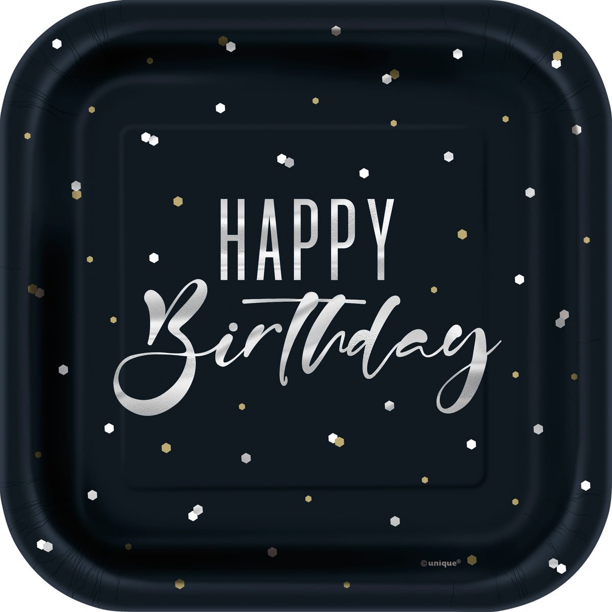 Silver Happy Birthday Square 7 Dessert Plates  8ct - Foil Stamping"