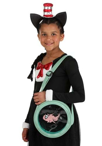 Child wearing a Cat in the Hat costume with a Officially licensed Dr. Seuss Cat in the Hat Fish Companion costume purse.