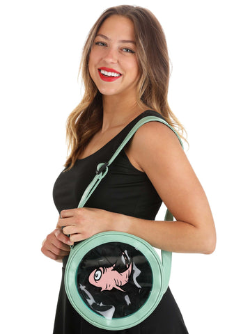 Woman holding  an Officially licensed Dr. Seuss Cat in the Hat Fish Companion costume purse . 