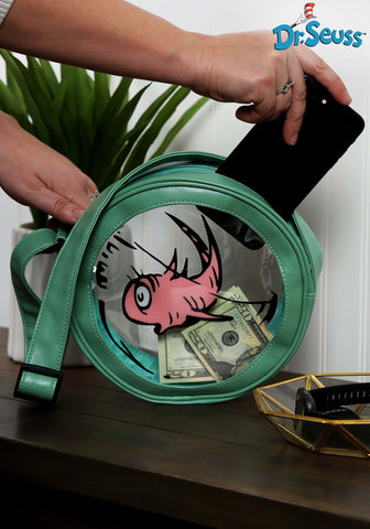 The Officially licensed Dr. Seuss Cat in the Hat Fish Companion costume purse showing it functionality and relative size
